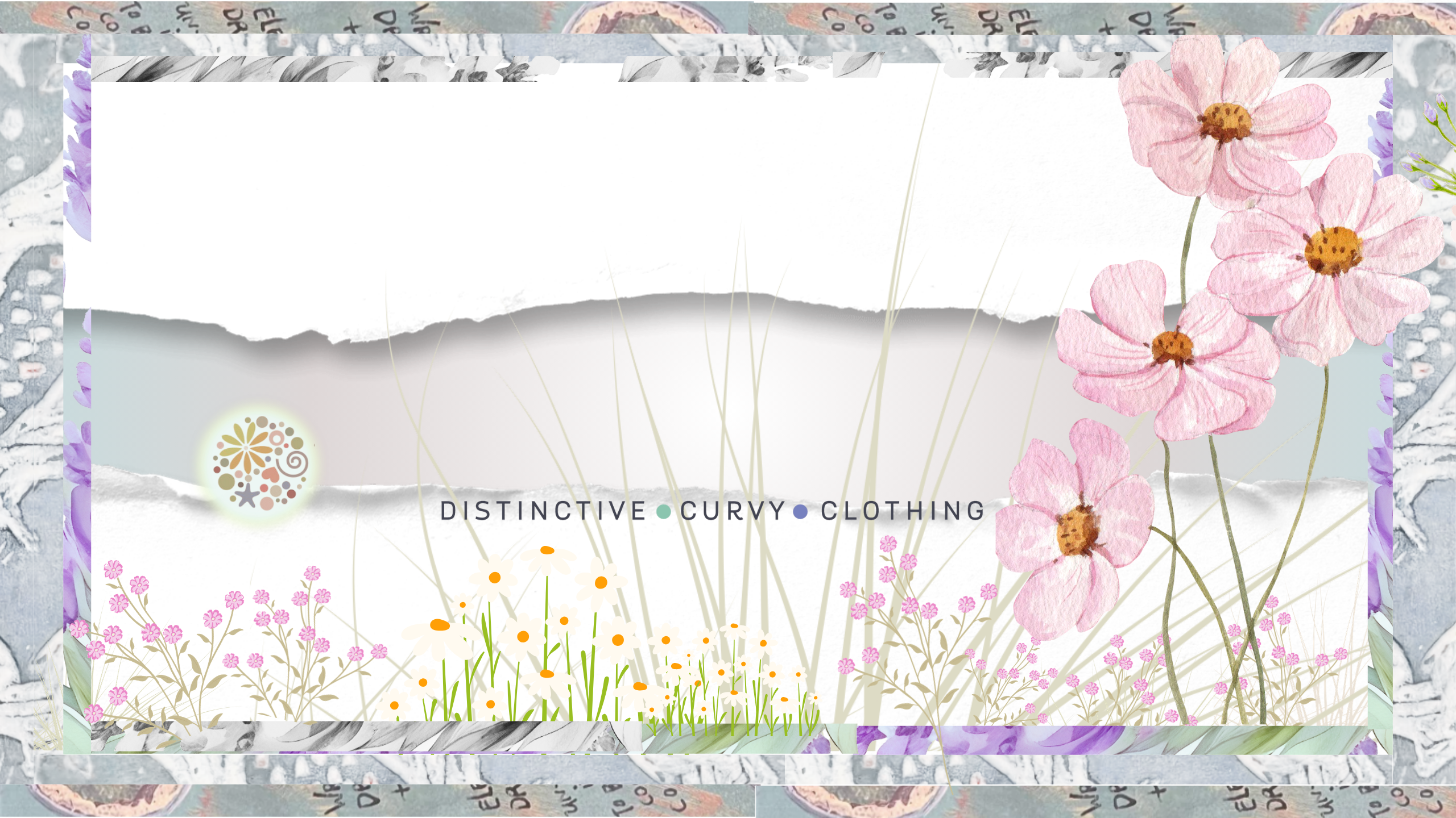 Stylized banner reading “1996 Organic Cotton Constellation Dress” on a wood-grain background, adorned with dried blooms and a floral-and-dots logo, surrounded by abstract patchwork border.
