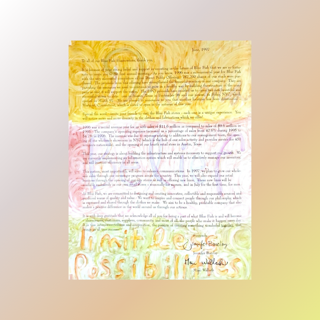 A clothing hang tag with a black square featuring artist stamps with store location text from the Blue Fish Clothing Company