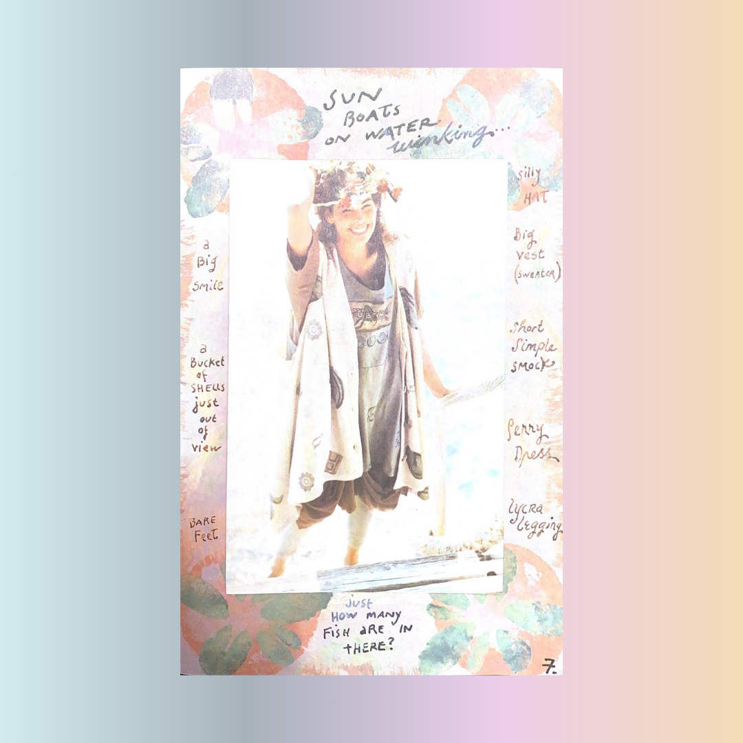 A beachy image from the summer of 1994 where a model wears an ensemble of several layering pieces in natural and blended tones. She sports a straw at with dried flowers and a huge smile. Colors in the gradient border are yellow, blue, pink and lilac.
