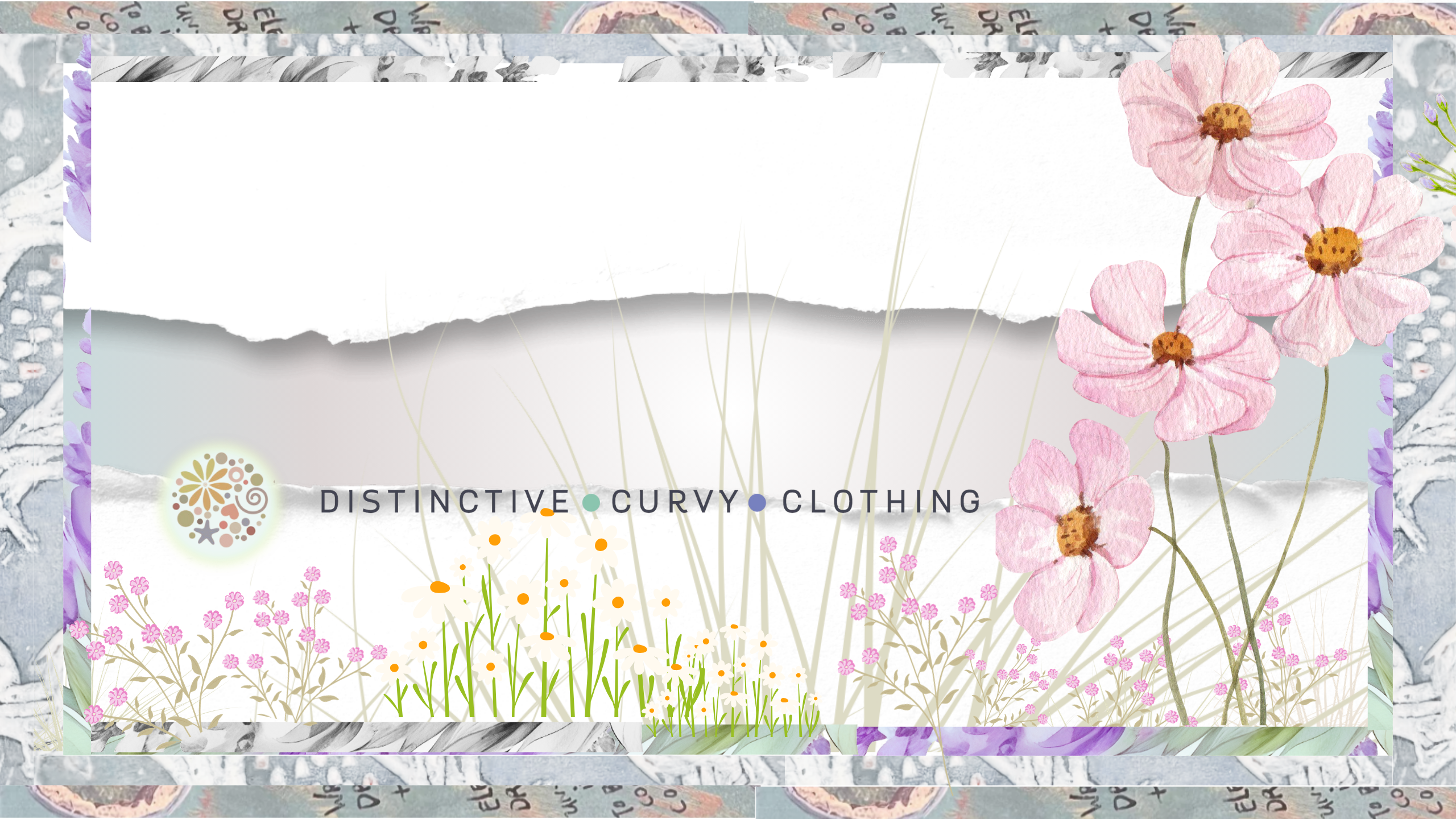 Banner graphic featuring Barclay Contrast Drop Pocket Dress in hand-lettered font, with a colorful logo and a row of purple, pink, and peach statice flowers below.