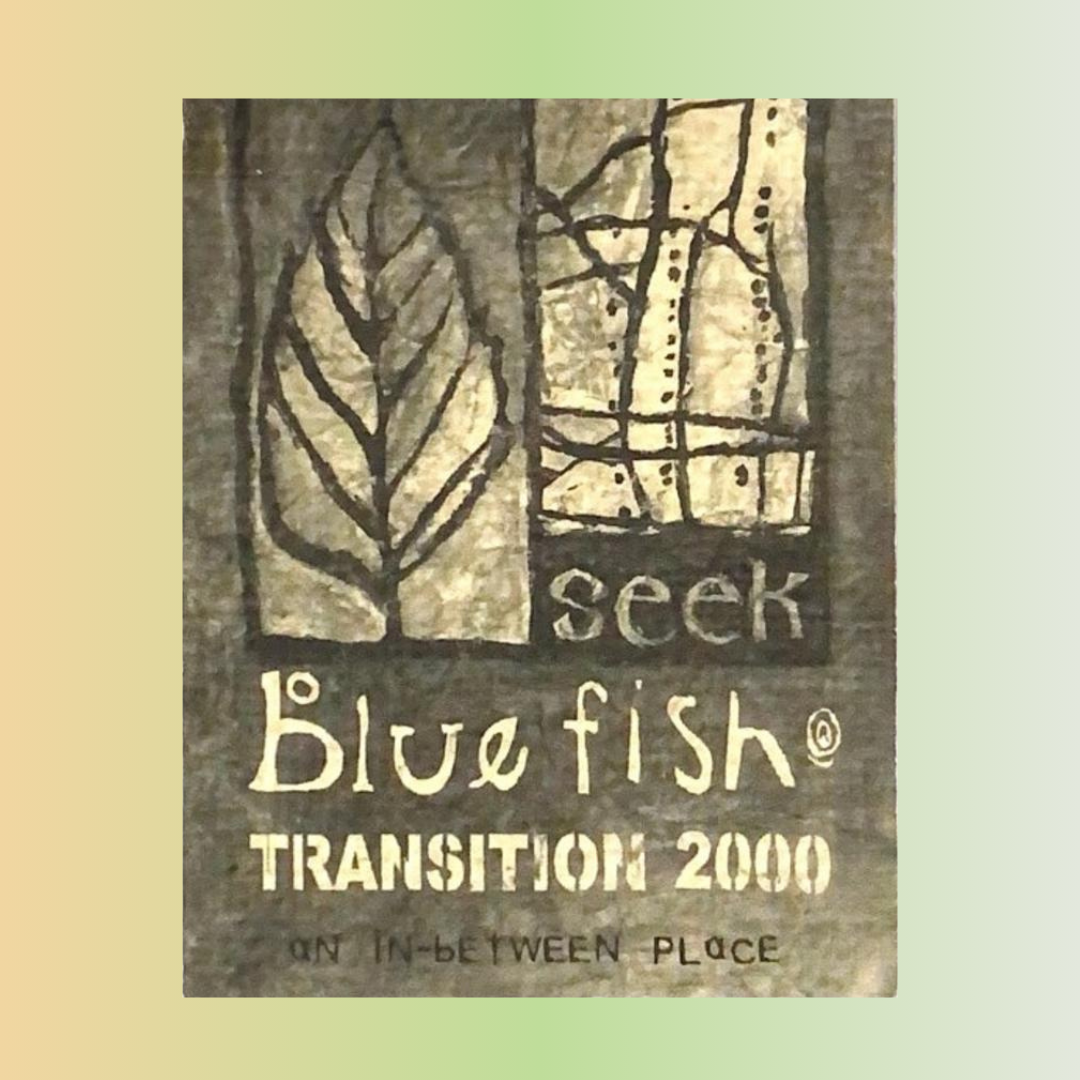 A close-up of a logo on a vintage Blue Fish Clothing hang tag from Bluefishfinder.com. Rediscover unique, one-of-a-kind designs from 1986 to 2023.