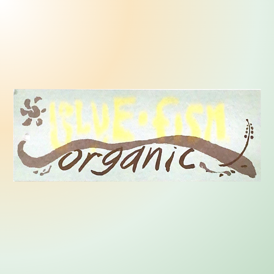 A close-up of a rectangular hang tag and logo saying Blue Fish on top with a brown divider saying organic on the bottom from the Blue Fish Clothing collection at Bluefishfinder.com. 