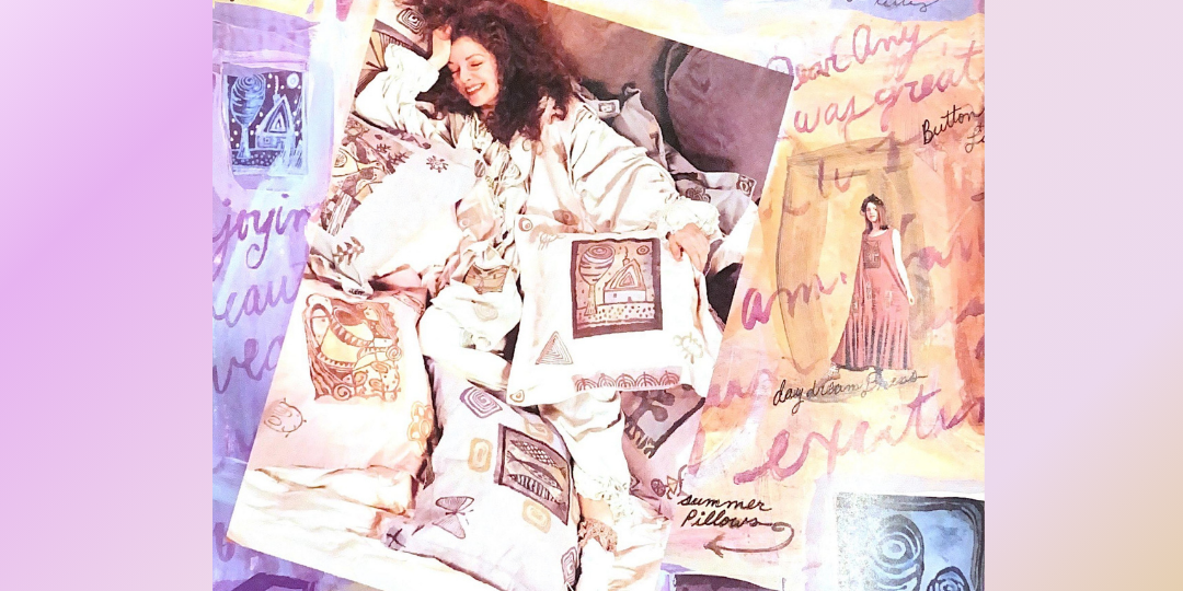 From the summer of 1995 a Model lays embedded in Painted pillows of soft natural hues. Her hair is big long and curly she smiles with her hand to her forehead in bliss. Around the image are other whimsical drawings and photographs in the same theme.