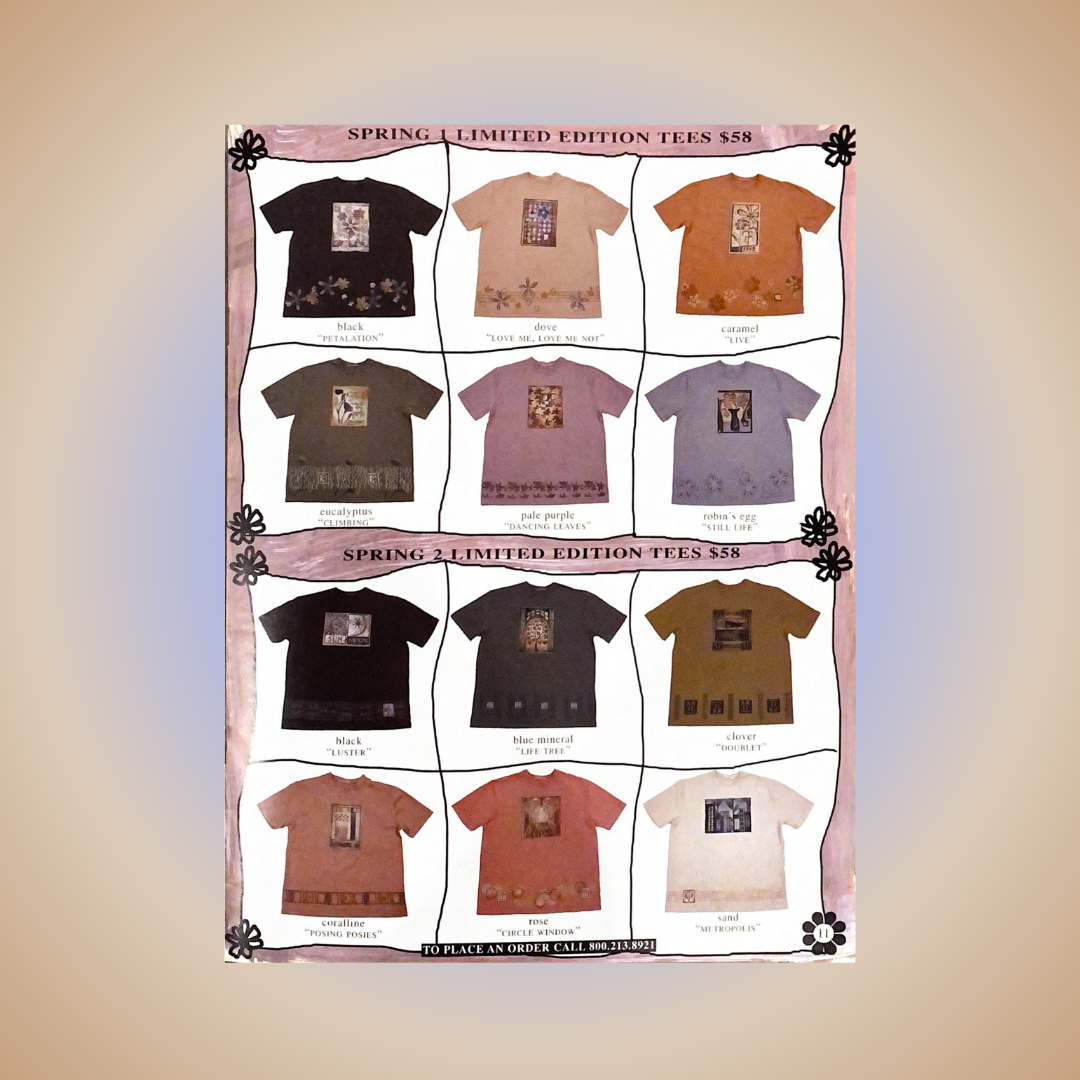 A Page from the spring 2000 catalog displaying all the colors and art themes available for this season. The segmented images are symmetrical, and playfully placed with squiggly lines and dividers. Twelve total tee shirts and little flowers anchor the page