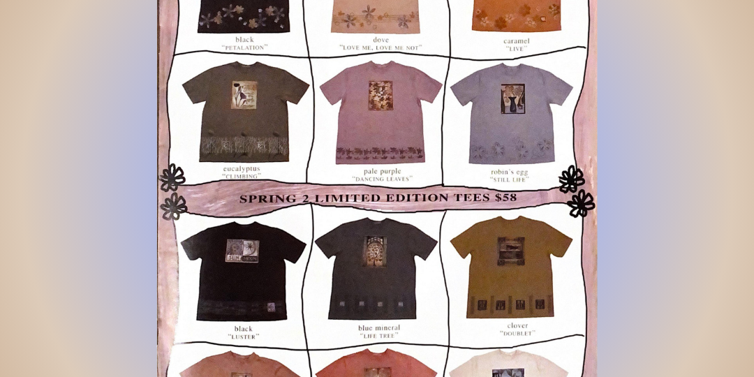A Page from the spring 2000 catalog displaying all the colors and art themes available for this season. The segmented images are symmetrical, and playfully placed with squiggly lines and dividers. Twelve total tee shirts and little flowers anchor the page