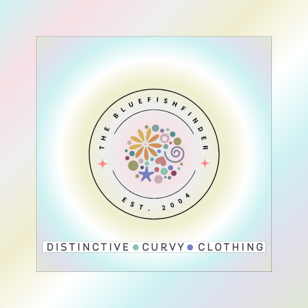 Pastel-toned logo for The Bluefishfinder, featuring a circular emblem with multicolored shapes and the tagline Distinctive • Curvy • Clothing, highlighting playful, organic forms and creative expression.