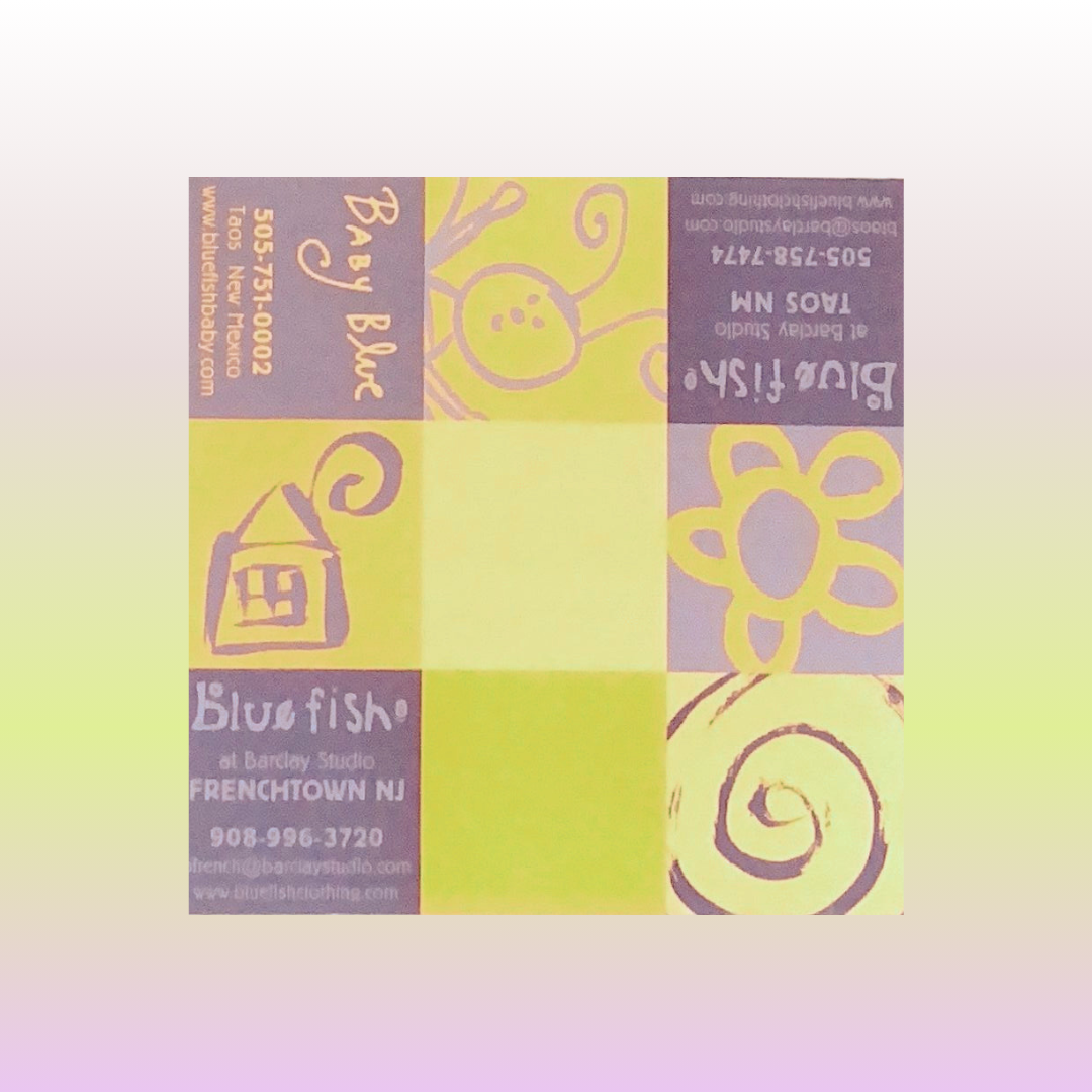 A collection of unique vintage pieces from Blue Fish Clothing, featuring a close-up of a promotional card and a yellow purple house swirl and flower sections running in all directions on a three by three grid.