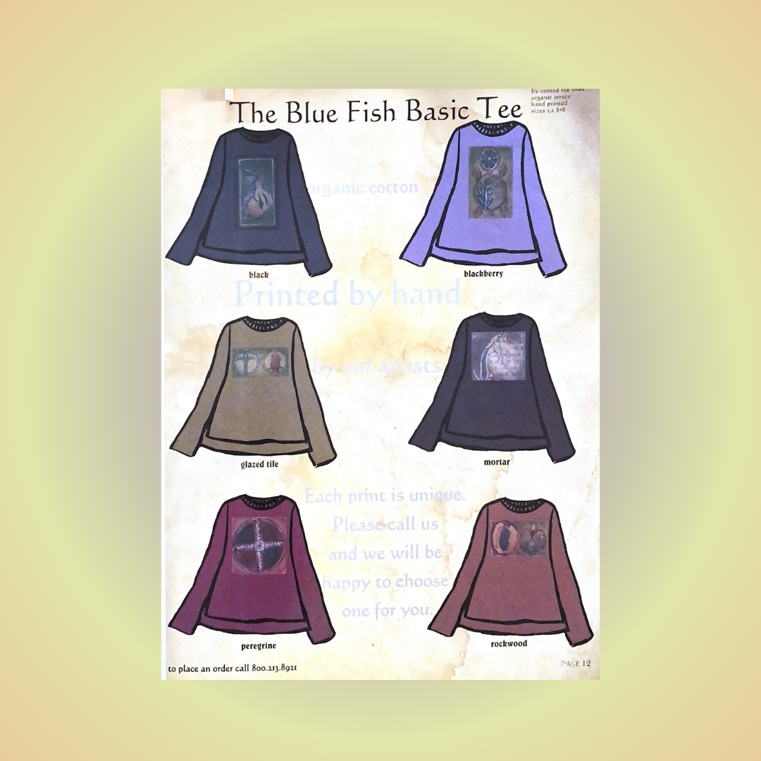 A collection of six unique Long Sleeved Tee shirts with various designs and colors from the Fall collection of 1999, including drawings with varying art in two vertical displays showcasing individuality and creative freedom.