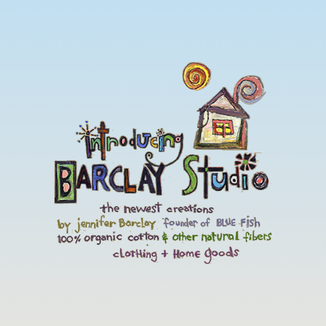 A logo for Barclay Studios, featuring a whimsical logo design and font elements in all colors on a tilt. A Tiny house with wind is featured with an announcement of rebranding from Blue Fish Clothing to Barclay Studios from 2002. 