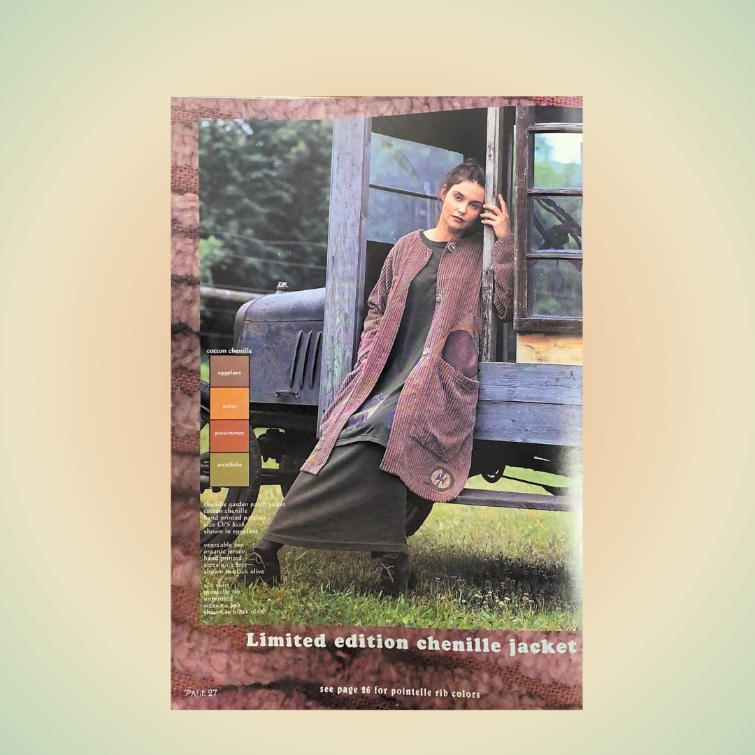 A woman leaning on a truck, showcasing vintage Blue Fish Clothing from Bluefishfinder.com. She displays The Chenille Jacket from the Resort collection of 1998. Gradient pastel  Bullseye backdrop  in yellow and Greens with the postcard centered.