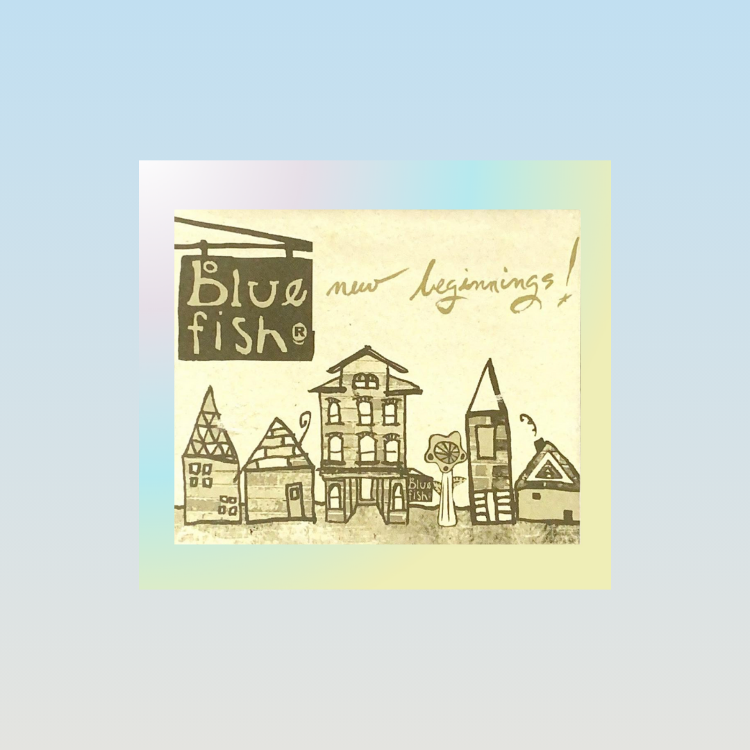 A sweet whimsical town entrance of black and yellow row houses done in gray and black contouring on a yellow background titled New Beginnings. The Blue Fish Test flies as a flag with the wind blowing. The frame is gradient pastels of blue yellow and pink.