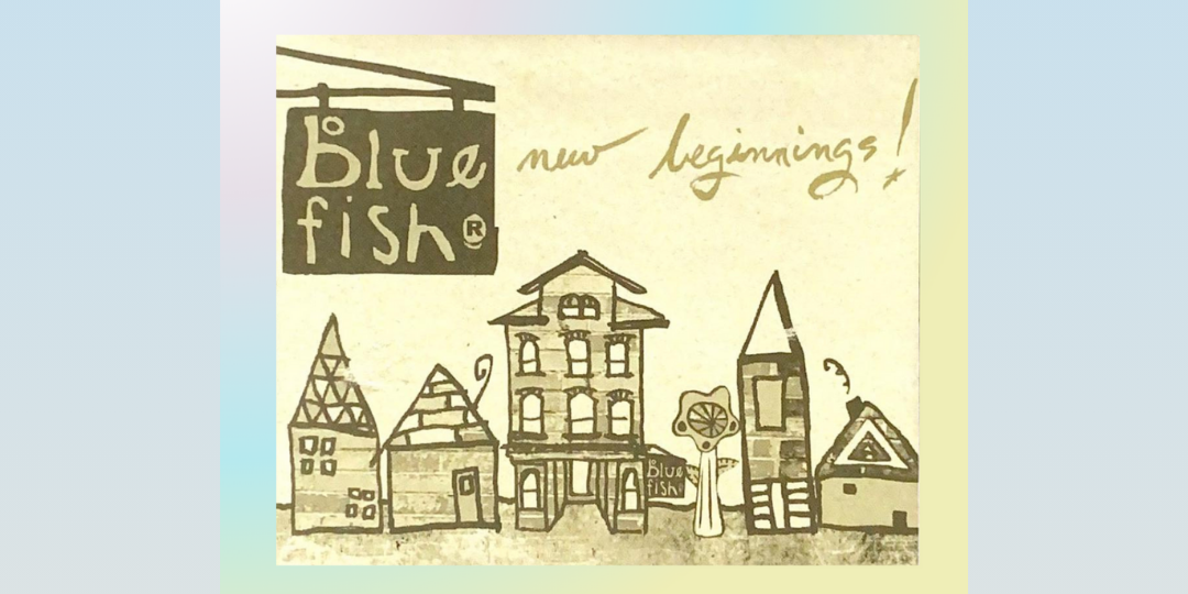 A sweet whimsical town entrance of black and yellow row houses done in gray and black contouring on a yellow background titled New Beginnings. The Blue Fish Test flies as a flag with the wind blowing. The frame is gradient pastels of blue yellow and pink.