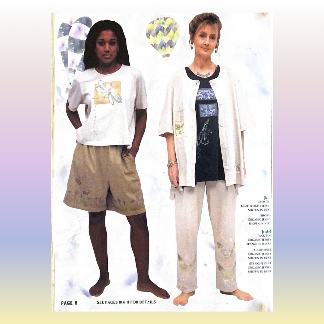 A collection of vintage Blue Fish Clothing art, from the Spring season of 2000 including a flower drawing, tags with different designs, and a cartoon plane and car with all the color swatches for this final release.