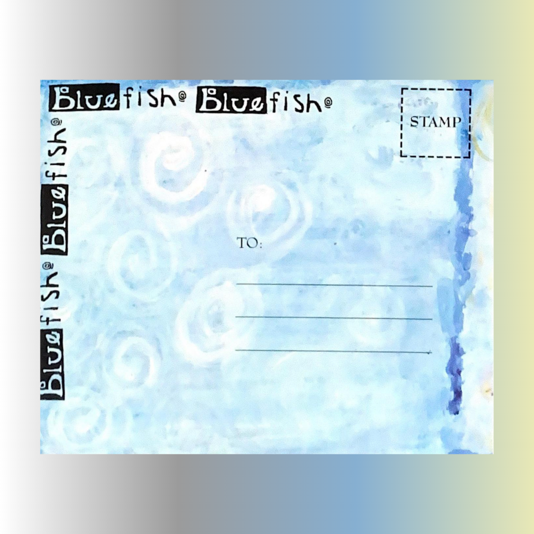 A Blue Fish Hang tag in brown with a silver forest tree in the night and varying length borders invites shoppers to view unique vintage pieces from Blue Fish Clothing. Rediscover or explore this legendary, magical clothing line today!