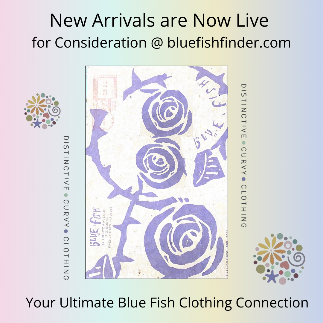 Promotional graphic for Blue Fish Clothing: New Arrivals are Now Live with lavender block-print roses, tagline Your Ultimate Blue Fish Clothing Connection, and Distinctive • Curvy • Clothing vertically on sides.