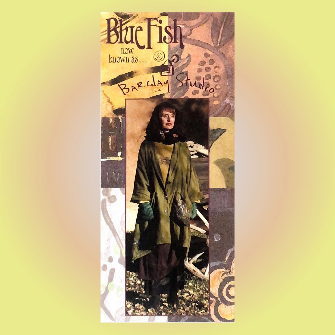 A collection image from the Blue+Fish year featuring a woman in a green hemp cardigan and a woolen scarf and green gloves all done on a variegated yellow and tan backdrop.