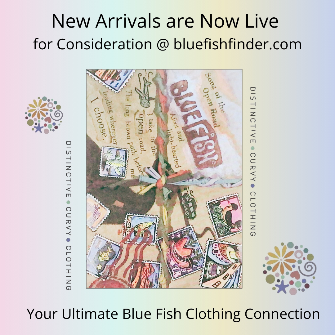 Promotional graphic for Blue Fish clothing on bluefishfinder.com, featuring a collage with Blue Fish, Song of the Open Road, and Distinctive • Curvy • Clothing.