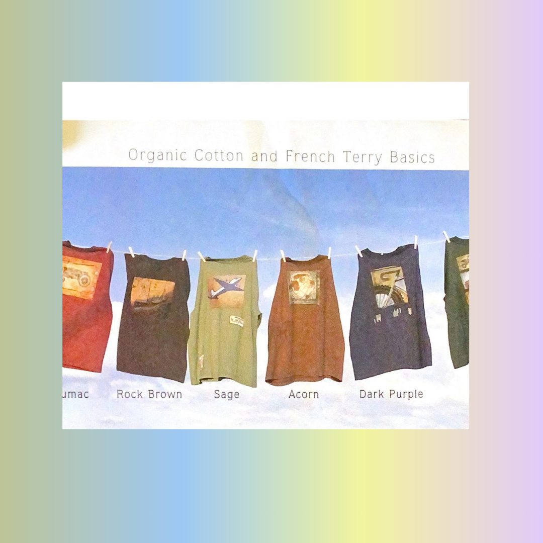 Five sleeveless tops labeled Rock Brown, Sage, Acorn, and Dark Purple hang on a clothesline under Organic Cotton and French Terry Basics, showcasing Bluefishfinder.com's vintage-inspired collection.