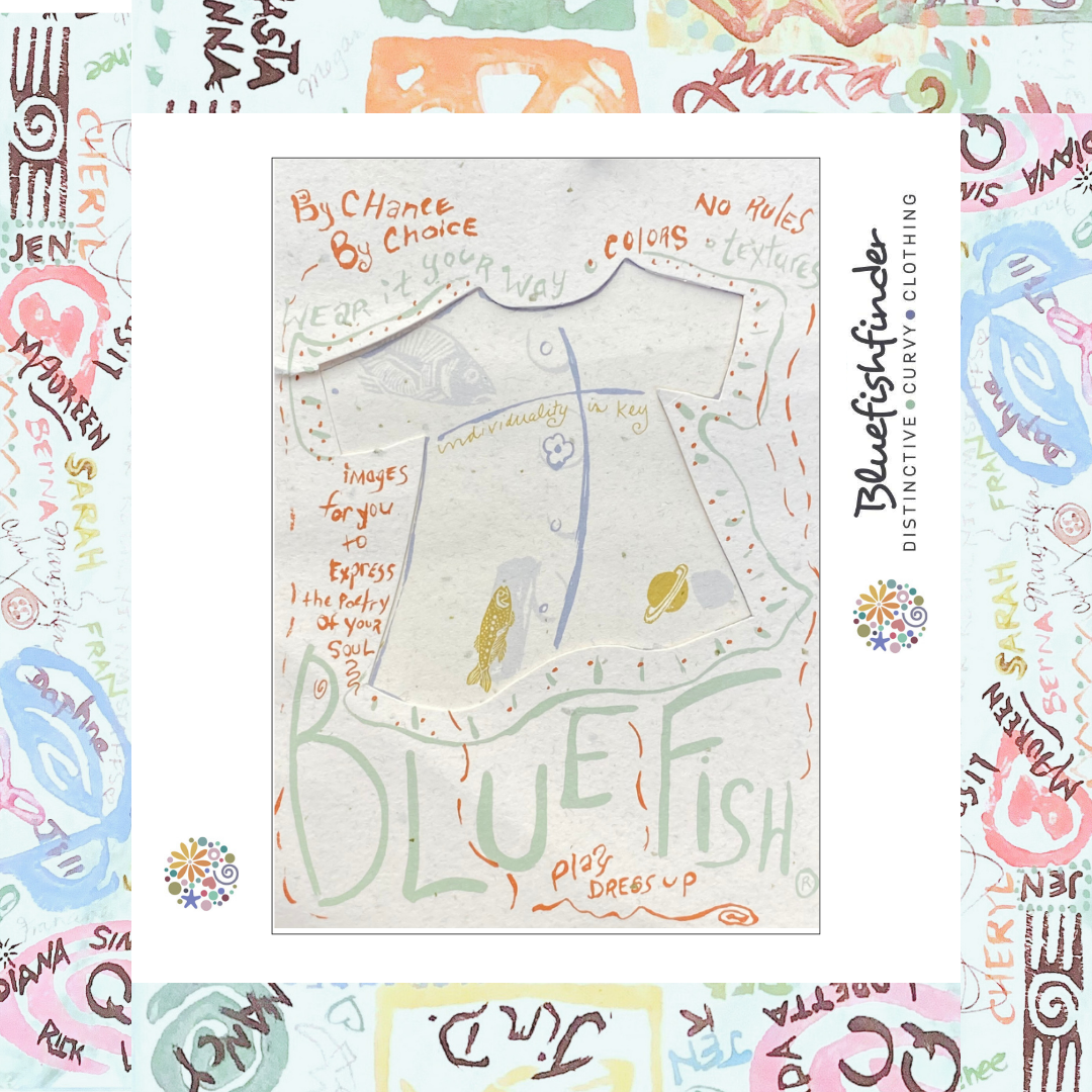 Whimsical hand-drawn art for Bluefishfinder – Distinctive • Curvy • Clothing, featuring a tunic with doodles and phrases like Wear it your way and Individuality is key.