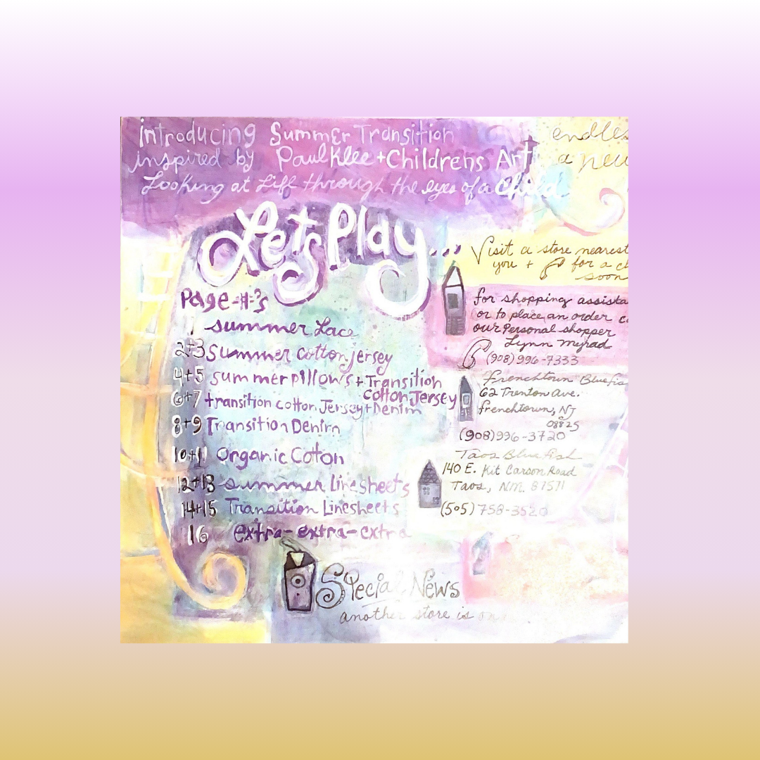 A collection of unique vintage are from Blue Fish Clothing, featuring a colorful square with writing stating Lets Play! A close-up of a cartoon houses and pastel brush strokes in pinks lilacs and lavenders. 