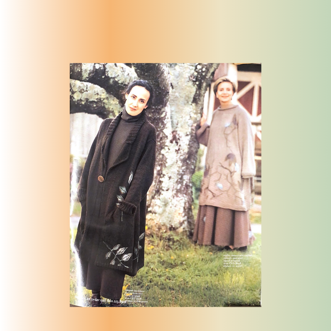 Two Models from the resort collection of 1998 display cotton knit sweaters one being Jens rollneck and the other the Canyon Cardigan. The Far model leans against a majestic tree truck, as the second model stands quietly with her hands in the pockets.