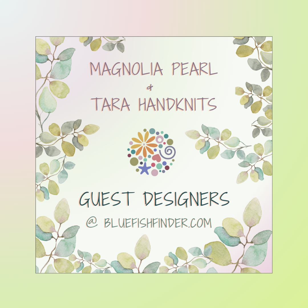 Hand-drawn catalog page for Blue Fish's finder's guest collections, featuring Tara Handknit Sweaters and Magnolia Pearl pieces with graphic leaves and a pastel color palette.