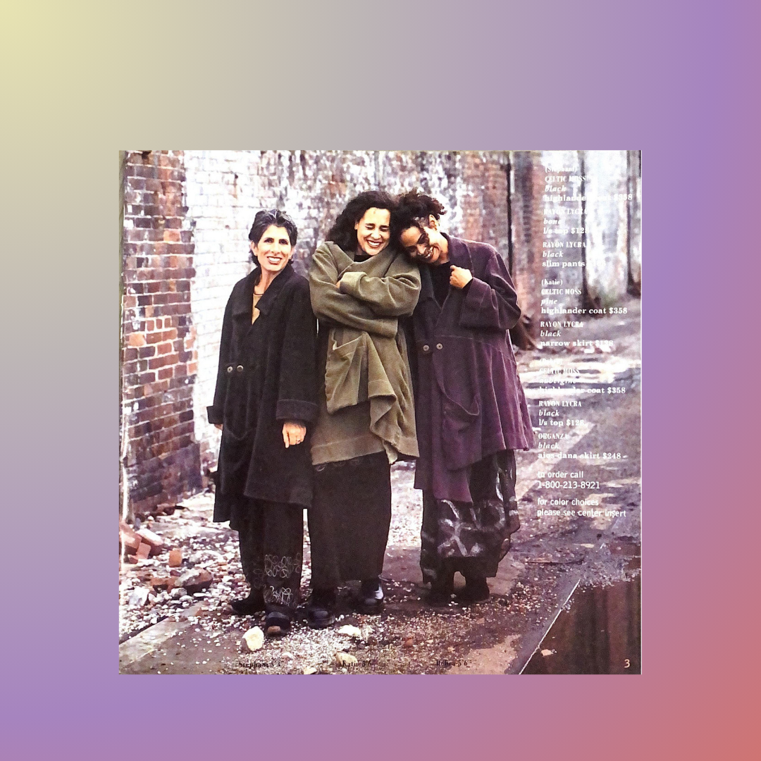 Three models bundled up in Celtic moss coats on a cold winter day