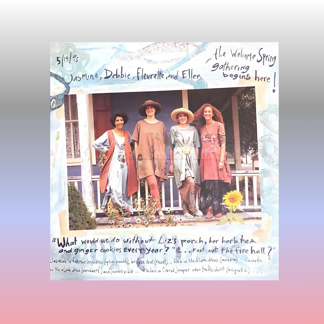 Catalog page from the spring of 1995 displaying four models 2 in straw hates lined up with varying degrees of multi layered Blue Fish clothing. They are on the front porch of a house with gardens in the forefront. A Bright yellow sunflower grows upward.