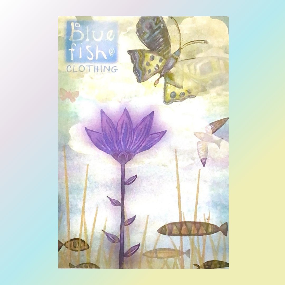 A collection image featuring a purple flower, butterflies, and a bird in the sky. Fish and grass grace the bottom of the postcard with the Blue Fish logo in the upper left corner. 