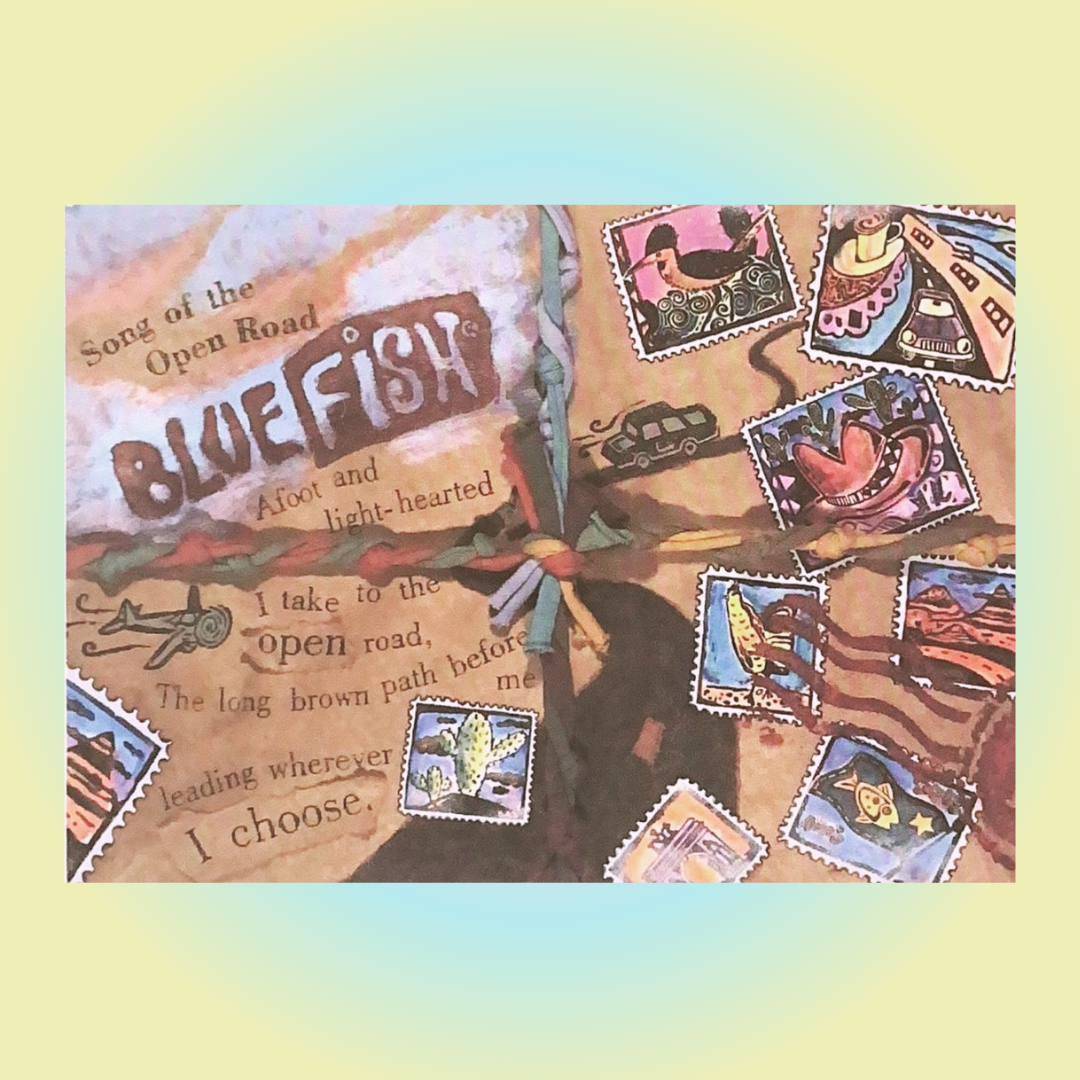 Stylized travel-themed artwork titled Song of the Open Road by BLUEFISH, featuring a multicolored rope, hand-drawn stamps of birds, cacti, a cowboy hat, and verse about freedom.