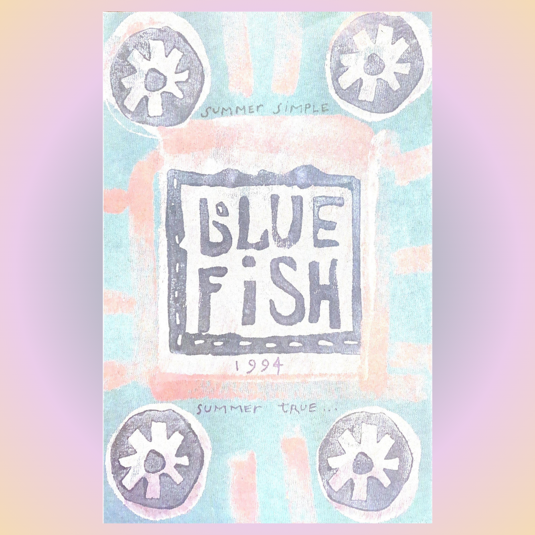 Pastel-colored graphic featuring BLUE FISH 1994 in bold letters, encased in a sketched rectangle, with SUMMER SIMPLE and SUMMER TRUE phrases, plus four stylized flower-like symbols in corners.