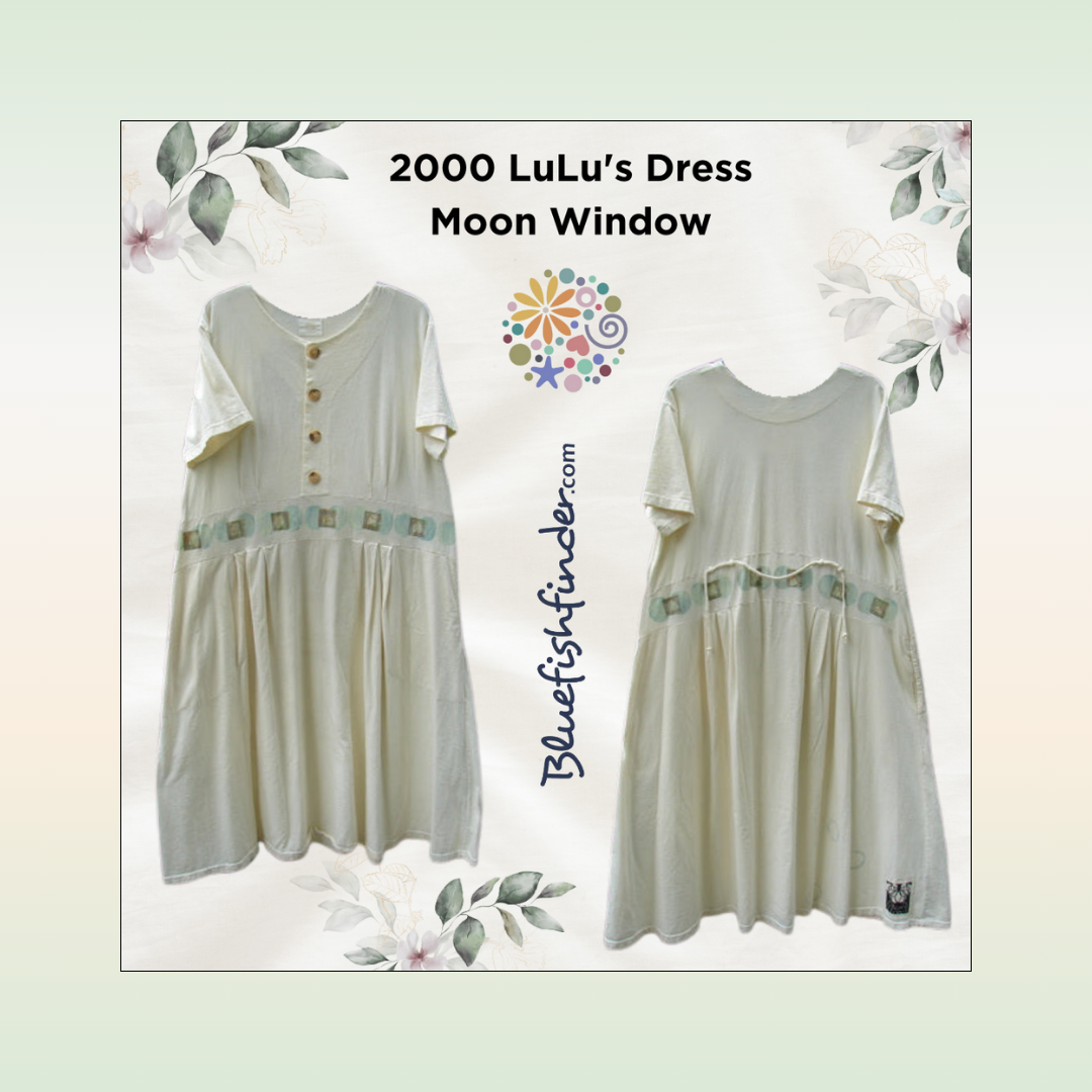 Styled display of 2000 LuLu’s Dress / Moon Window, featuring a scoop-neck, pale green dress with wooden buttons, mint-green waist motif, and embroidered owl patch, framed by watercolor florals.