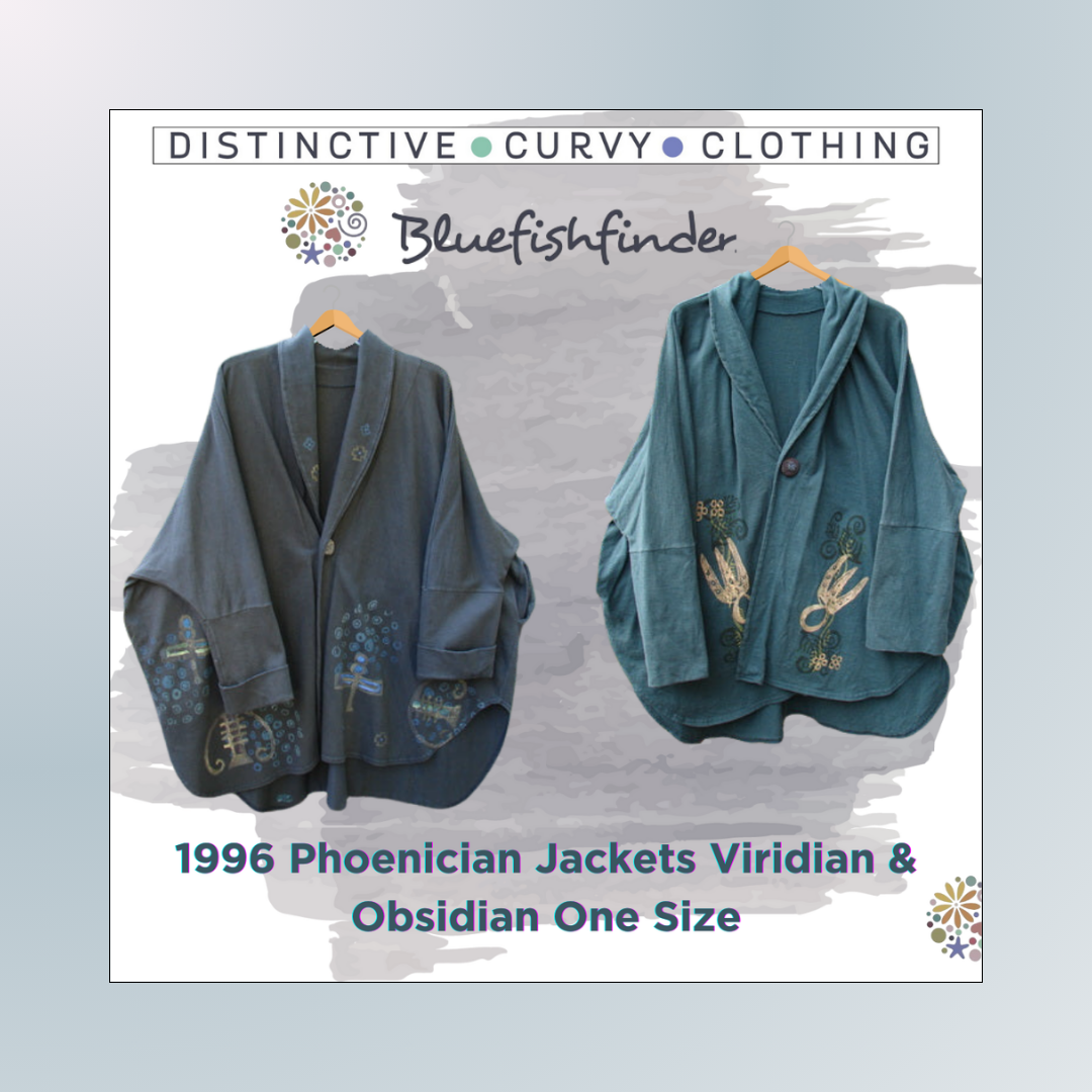Two vintage-style jackets hang on display: one is a blue jacket with a unique design, and the other is a grey with intricate patterns, reflecting Bluefishfinder.com's eclectic fashion offerings.