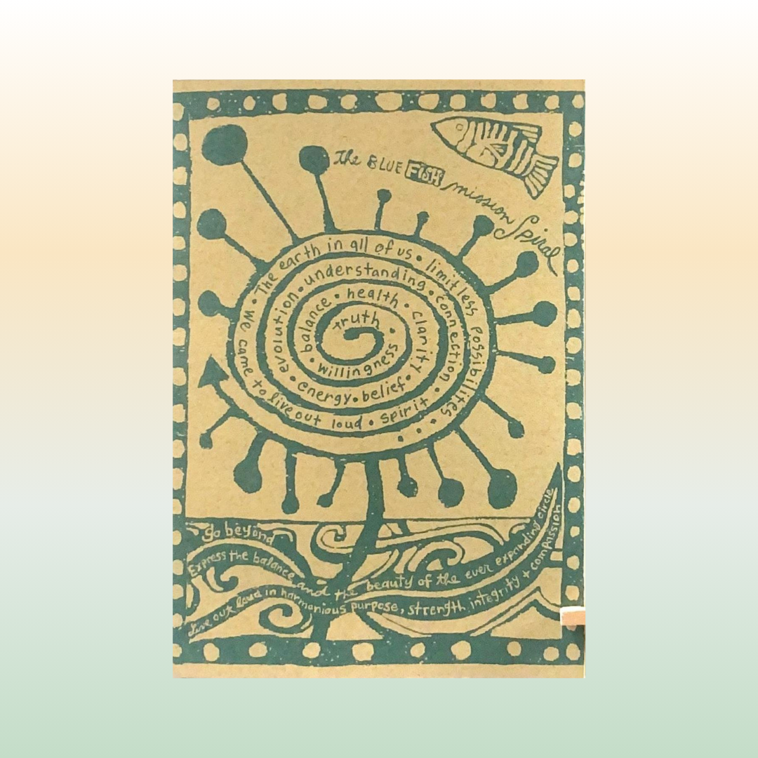 Hand-printed poster titled The Blue Fish mission spiral featuring a central spiral with words like truth, balance, and evolution, surrounded by a wave border and a striped fish icon.