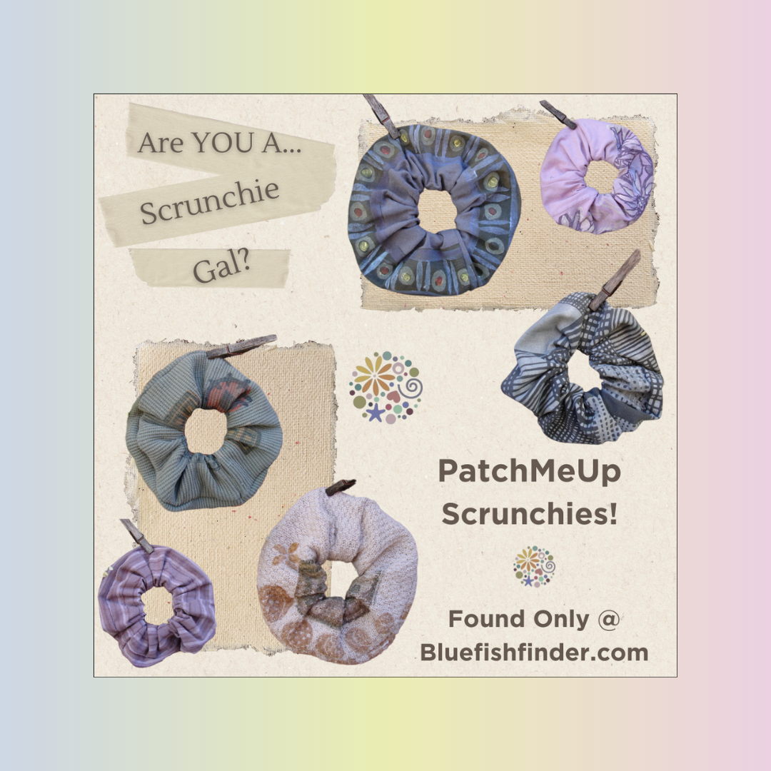 A collection of vintage-inspired fabric scrunchies, some featuring wooden clips and clothespins, displayed on a white background, aligning with BlueFishFinder's ethos of creative individuality in fashion accessories.