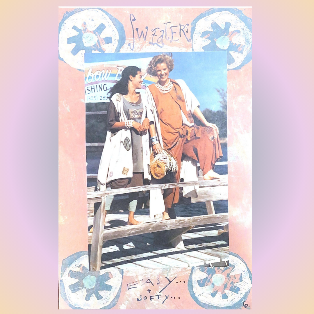 A Blue Fish Clothing hang tag depicting a wave and the elements of nature. Included are Water, oceans, rhythm, survival, giving life and interconnected celestial energy, and making connections. Colors include pinks reds greens and yellows.