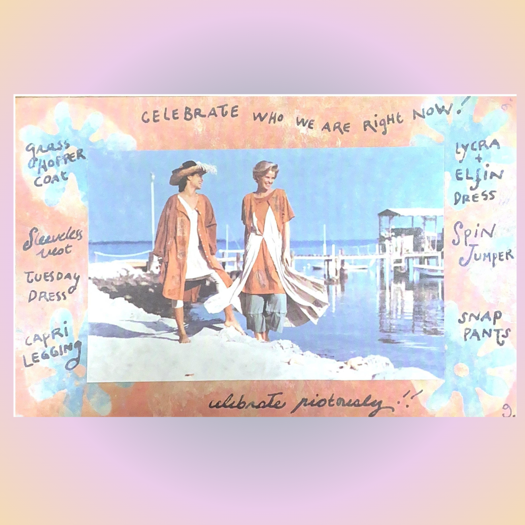 A close-up of a hang tag with a white dress floating off center to the right, featuring the letters for Blue Fish separated into color sections of six squares. A pastel gradient backdrop of tans, blues and yellow matting enhance the dimension.