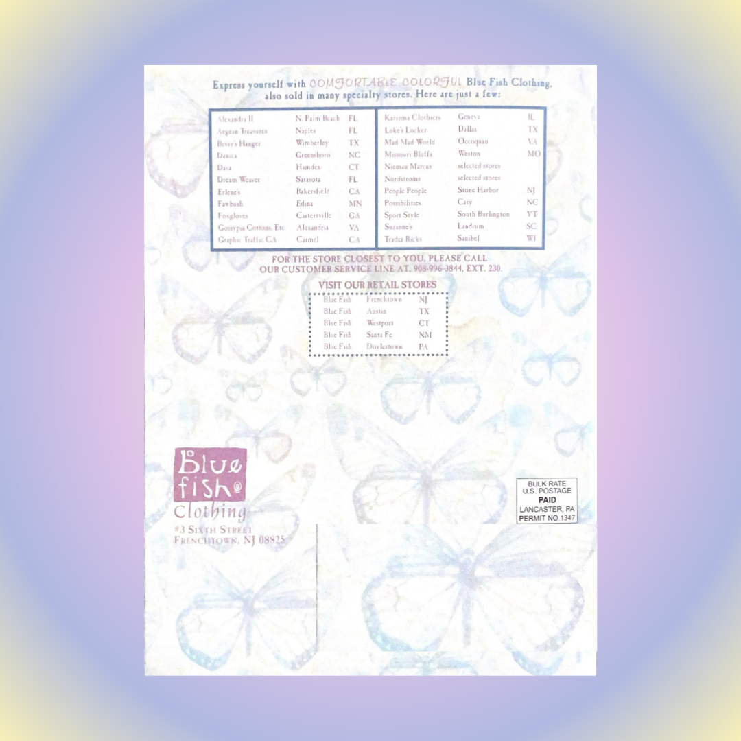 Promotional mailer for Blue Fish Clothing with a butterfly background, listing specialty stores, customer service contact, retail locations, and company address in Frenchtown, NJ, alongside a postal permit stamp.