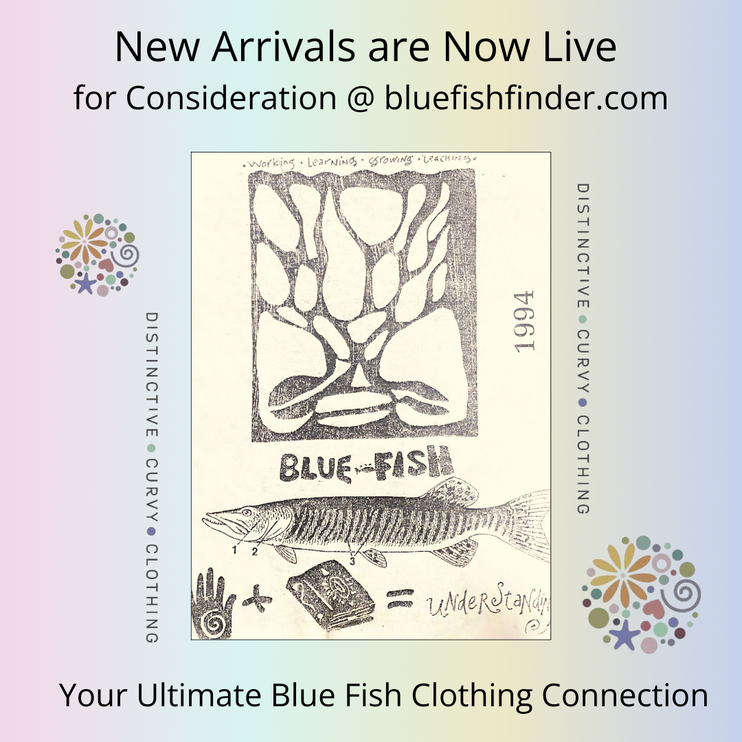 Promotional graphic for Blue Fish Clothing featuring new arrivals. Includes vintage-style illustration with tree, fish, and hand-book pictogram. Tagline: Distinctive Curvy Clothing. Visit bluefishfinder.com for more.