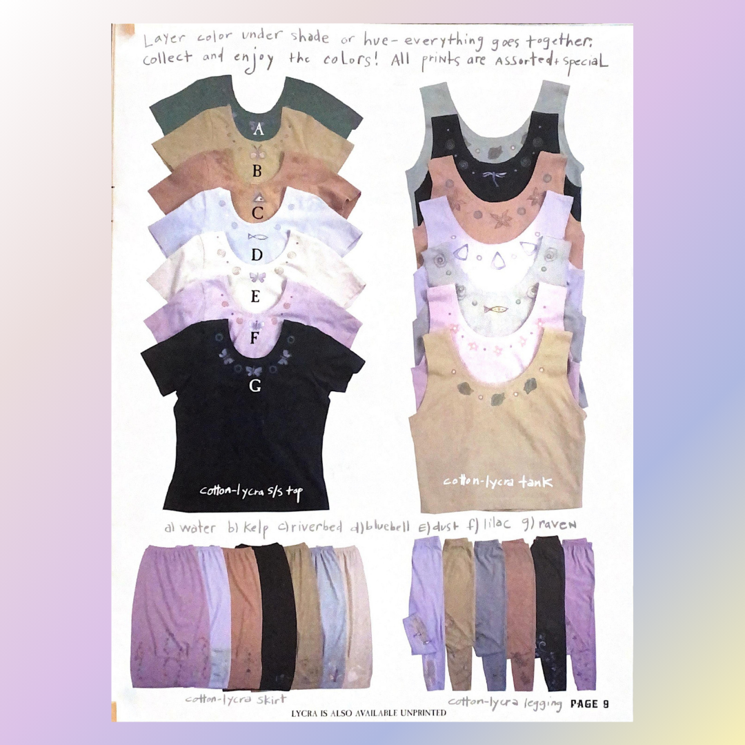 Features cotton-lycra basics, including short-sleeve tops, tank tops, skirts, and leggings in seven prints: water, kelp, riverbed, bluebell, dusk, lilac, raven.