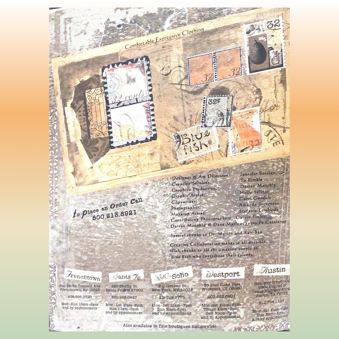 Promotional page for Blue Fish clothing featuring a vintage-style collage with faux stamps, tagline Comfortable Expressive Clothing, ordering information, store listings, and designer credits.