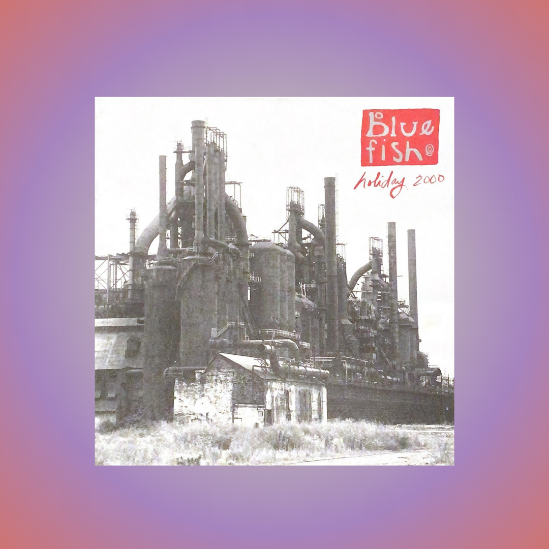 Black-and-white industrial complex with blast furnaces and smokestacks; foreground shows a weathered building and overgrown grass. Red blue fish® logo and holiday 2000 text signify album artwork.