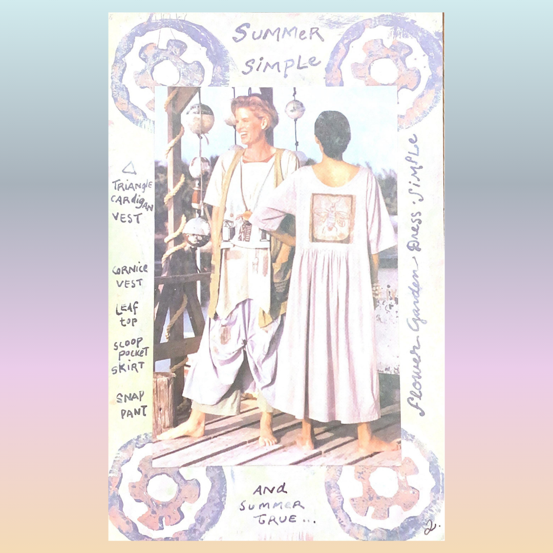 Two women in layered summer separates on a dock. Left: Triangle Cardigan Vest, Leaf Top, Snap Pant. Right: Flower Garden Dress with square motif. Bohemian, vintage style.