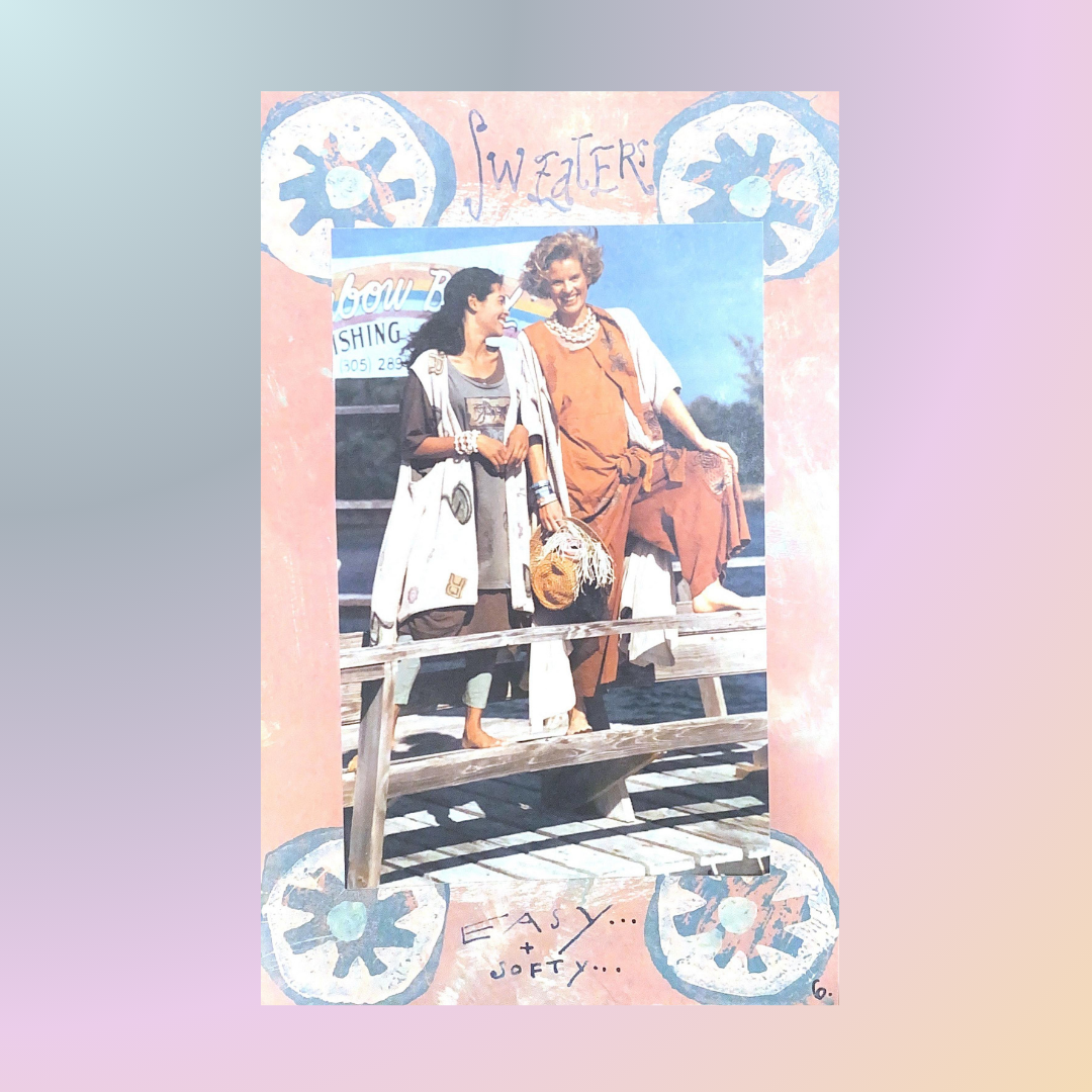 Two models stand on a boardwalk one with her leg up on the picnic bench. Each displays layers of clothing in natural pastel hues. The ocean is in the background and they are free as can be in the summer breeze. Pinwheels adorn the corners of the image.