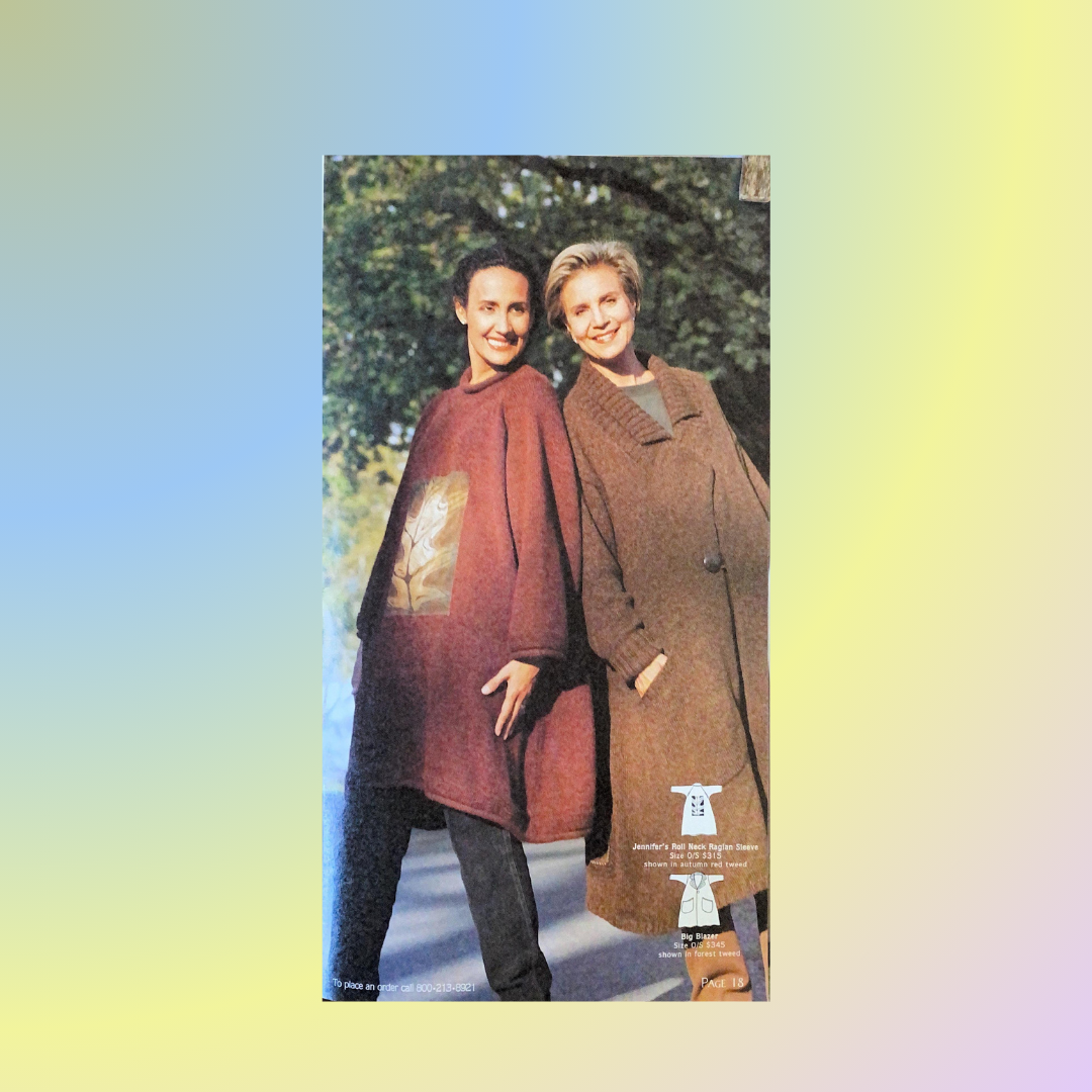 Two Ladies shoulder to shoulder each modeling a sweater in Rusts and Light Browns. The gals are smiling one has her hands in the pockets the other hands by her side. Trees are in the background and tiny line drawings are at the bottom right.