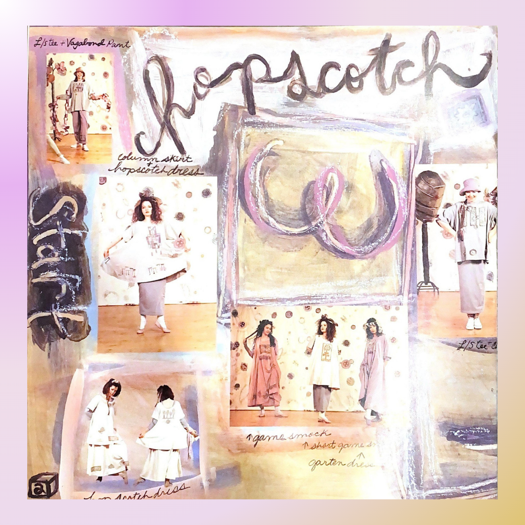 A mixed-media fashion collage featuring whimsical Blue Fish Clothing models in loose-fitting garments like column skirts, vagabond pants, and smocks, with handwritten callouts and hopscotch prominently displayed.