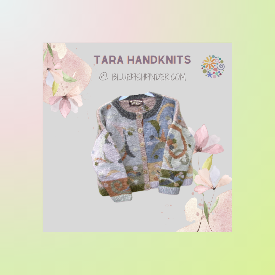 A bulky Button down sweater with polka dots and sectional colors with title Tara Handknits.