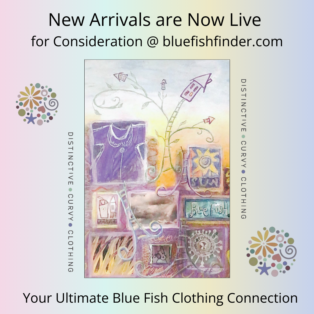 Promotional graphic for Blue Fish Clothing featuring whimsical watercolor elements like stacked boxes, curly vines, and sun motifs, announcing new arrivals at bluefishfinder.com with the tagline Distinctive • Curvy • Clothing.