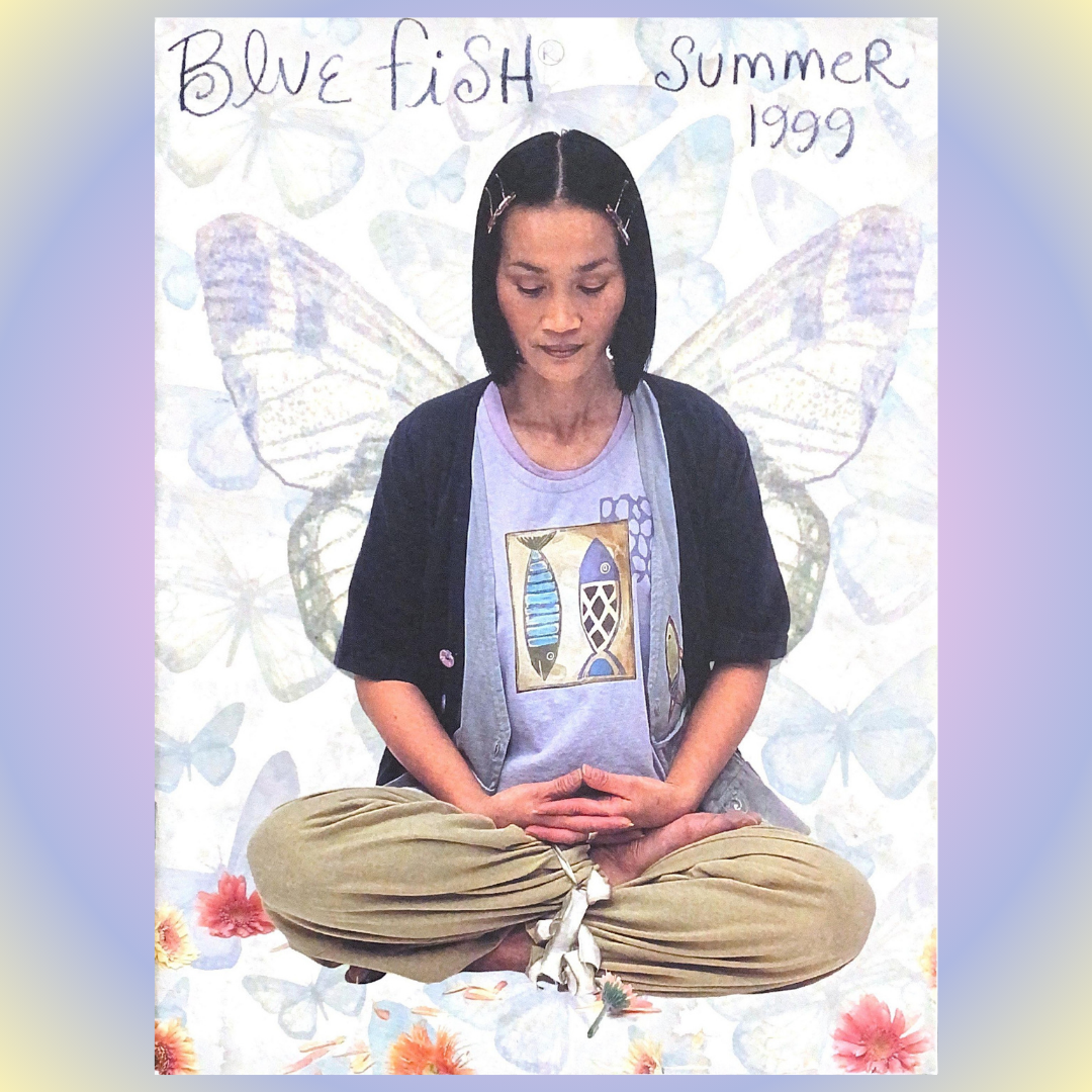 A hand-lettered promotional card in teal on kraft stock for Blue Fish®, inviting participation in spirit sharing with a chance to win a gift, featuring fill-in lines for personal details.