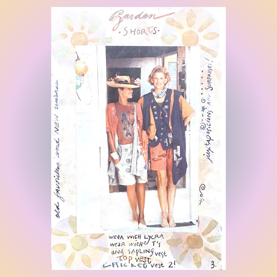 Two women stand barefoot in a doorway wearing loose, printed summer shorts—gray floral and rust-orange—styled with casual tops and accessories, surrounded by playful watercolor daisies and handwritten notes.